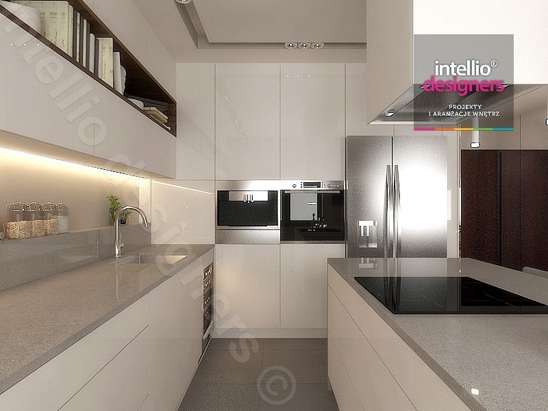 Projekt wnętrza Intellio designers – nowoczesna biała kuchnia premium