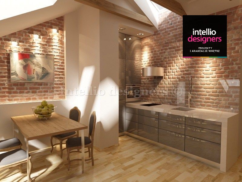 Przytulna kuchnia w luksusowym mieszkaniu wg projektu Intellio designers